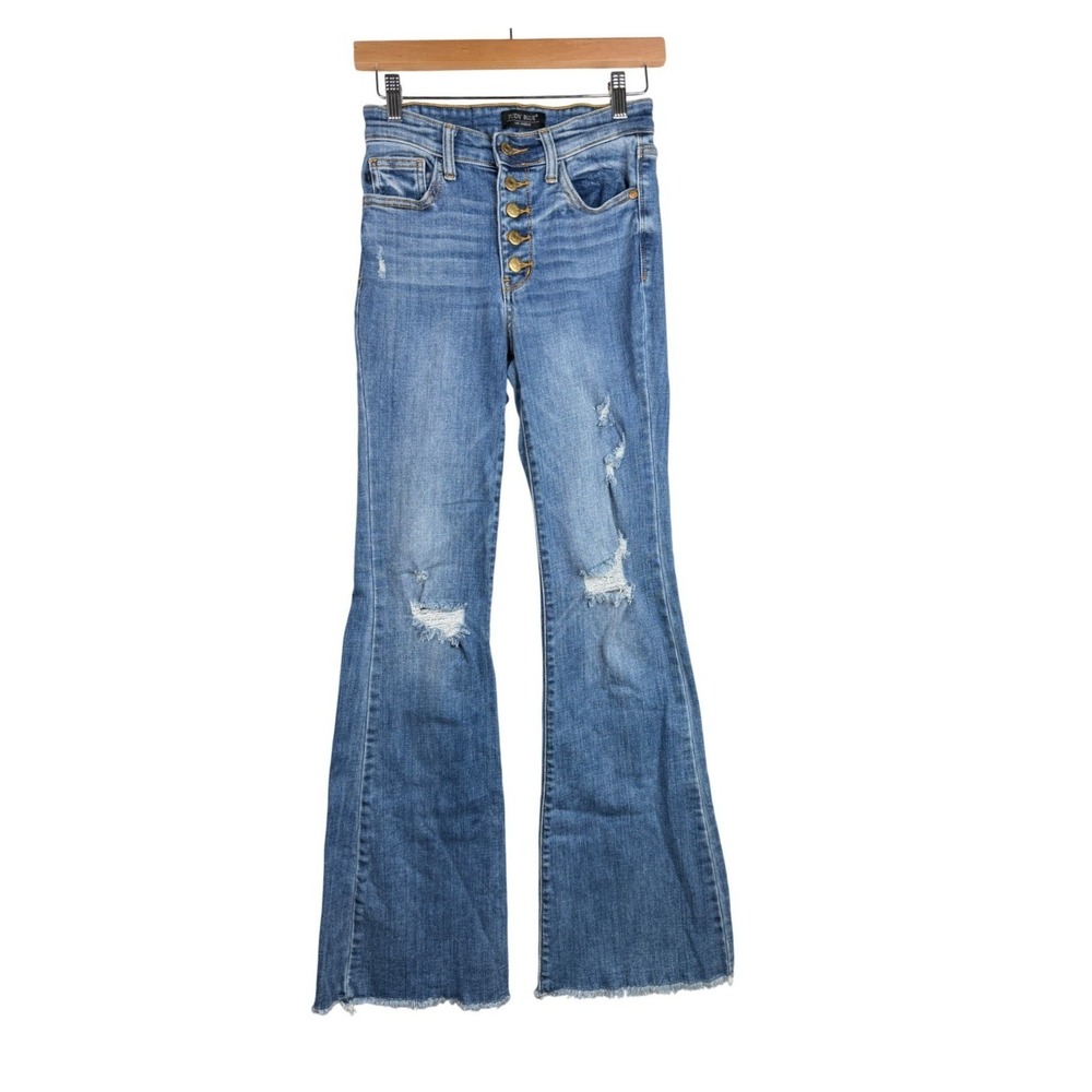 Judy Blue Distressed Button Fly Flare Destroyed Hem Jeans size 25 Blue Denim